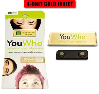 YouWho&trade; 4-Unit Professional Name Badge Kit (Gold/Inkjet)