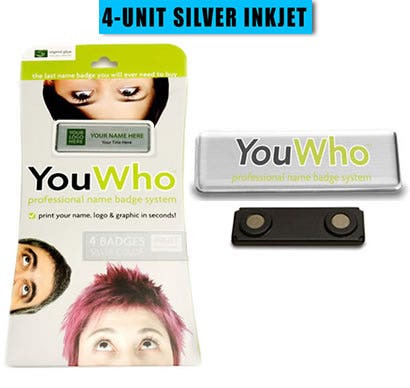 YouWho™ 4-Unit Professional Name Badge Kit (Silver/Inkjet)