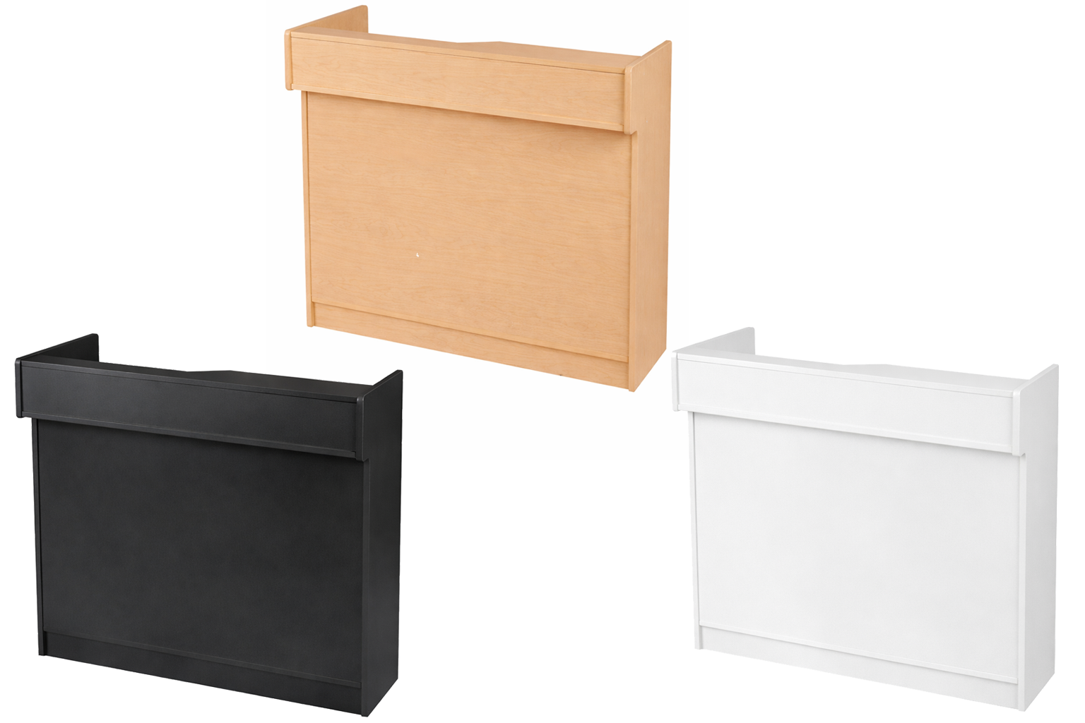 three reception counters (white, maple, black) on a white background