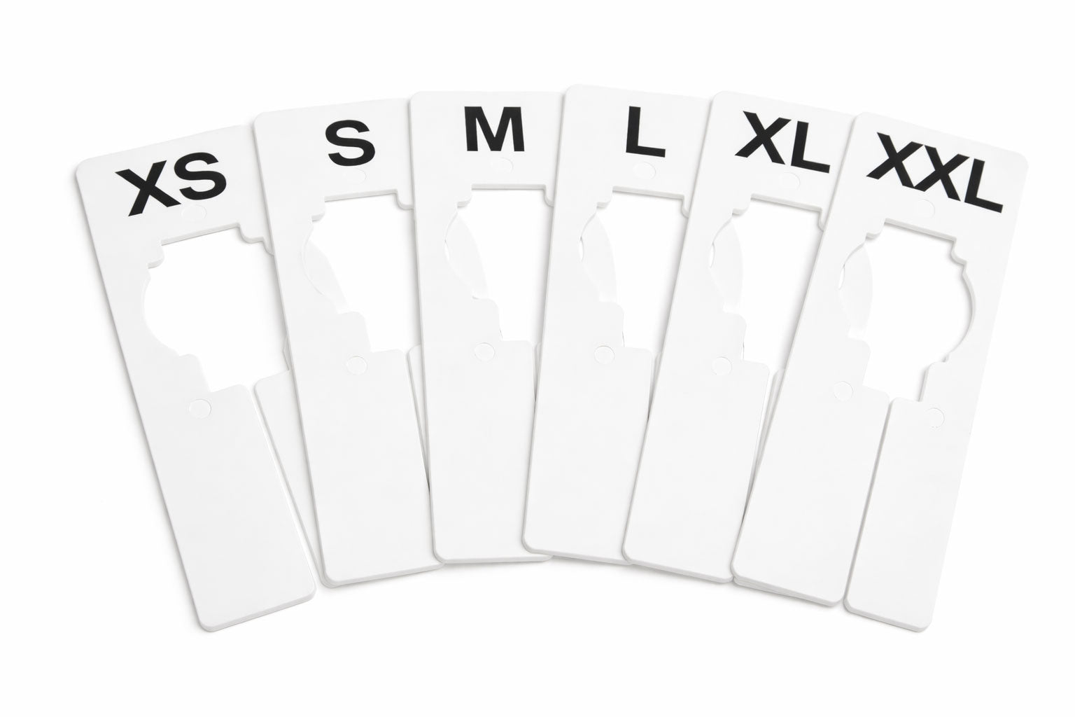 Set of white size dividers for clothing with XS, S, M, L, XL, and XXL on a white background.