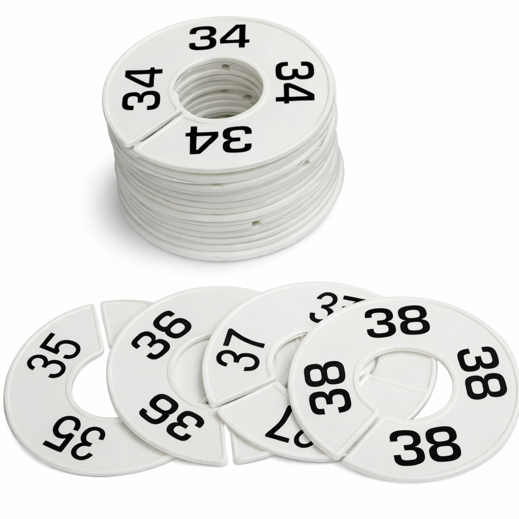 Stack of white circular tags with black numbers on a white background