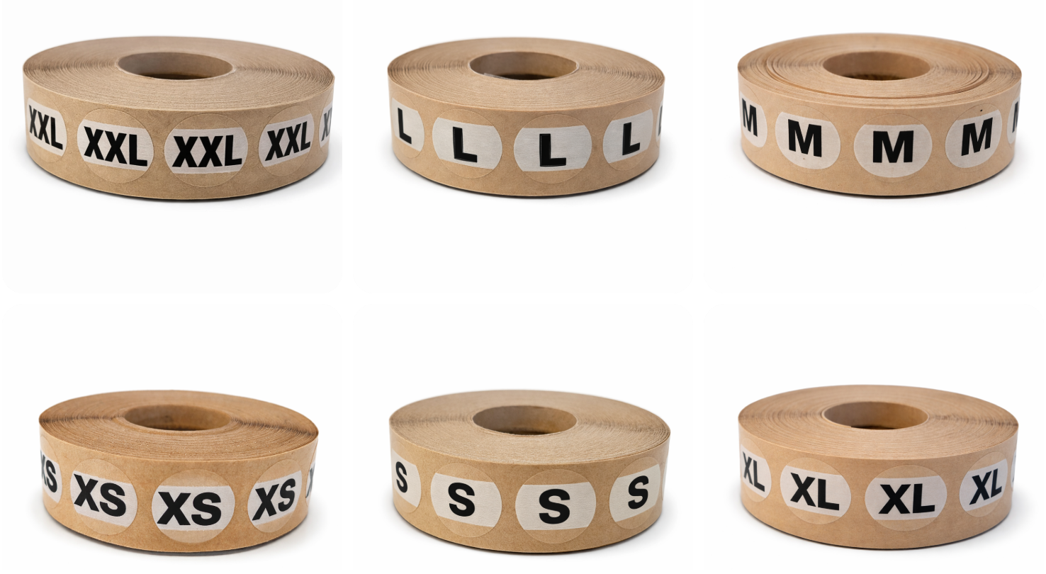 Set of six rolls of tape with size labels on a white background