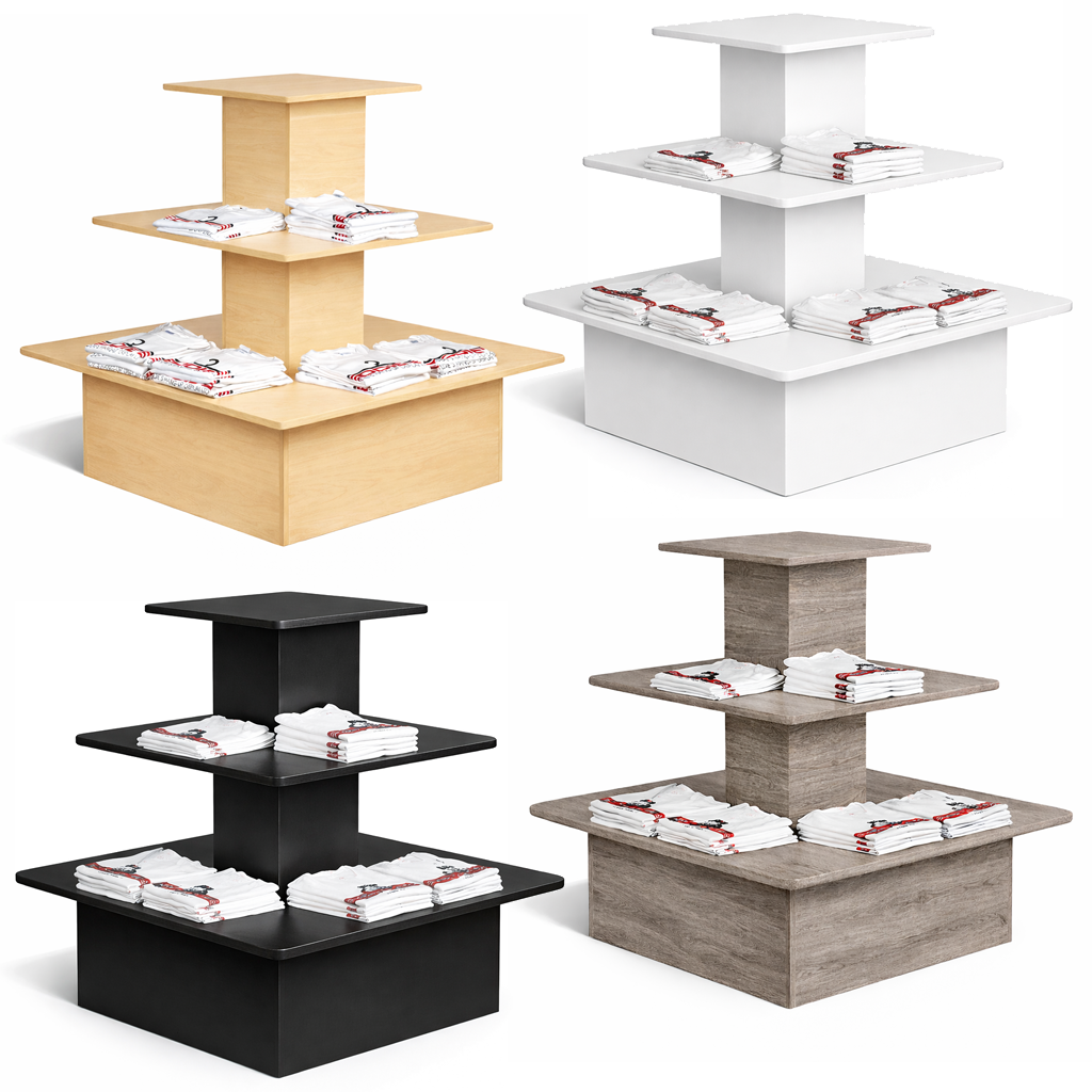 Set of four tiered display stands in different colors on a white background