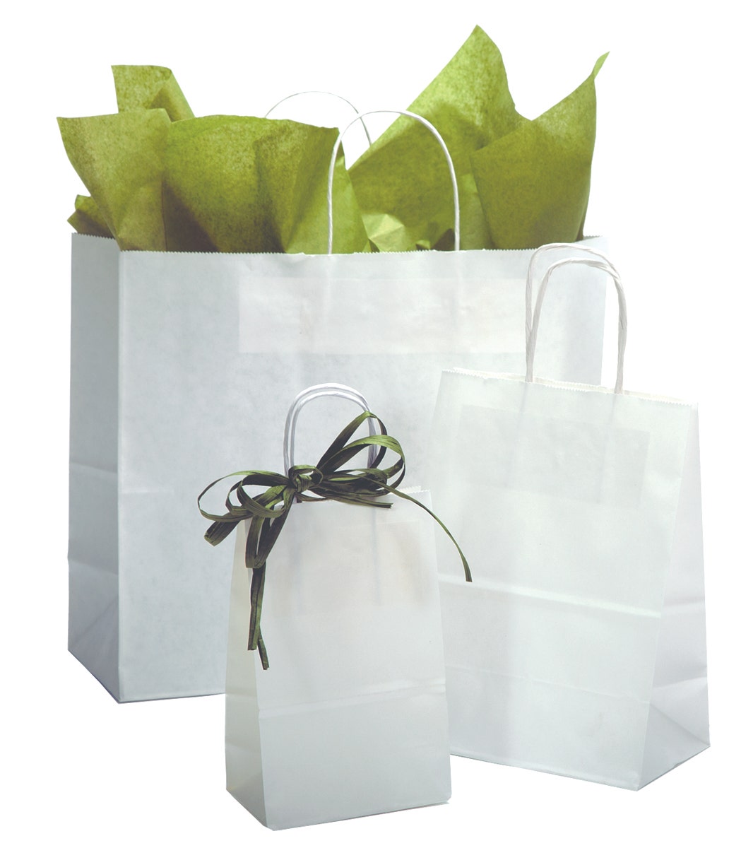 50% Recycled Paper Shopper Bags | Kraft White | Twisted Paper Handles - Eddie's Hang-Up Display Ltd.